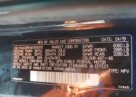 2019 Volvo Xc90 T6 Momentum from USA, damaged, VIN YV4A22PK4K1510170